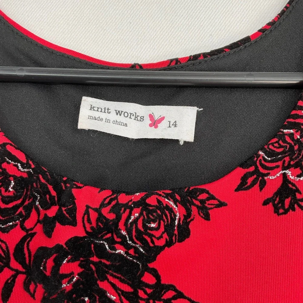 Knit Works Girls Red Black Floral Glitter Dress & Moto Jacket Set‎ Size 14